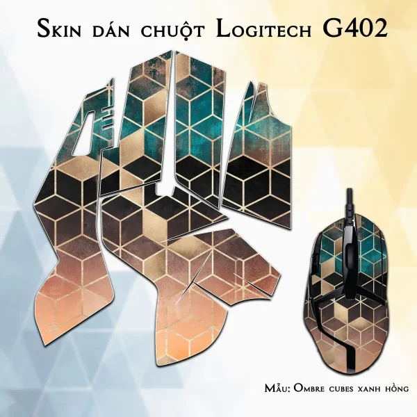 Skin dán chuột Logitech G402 mẫu Ombre cubes xanh hồng