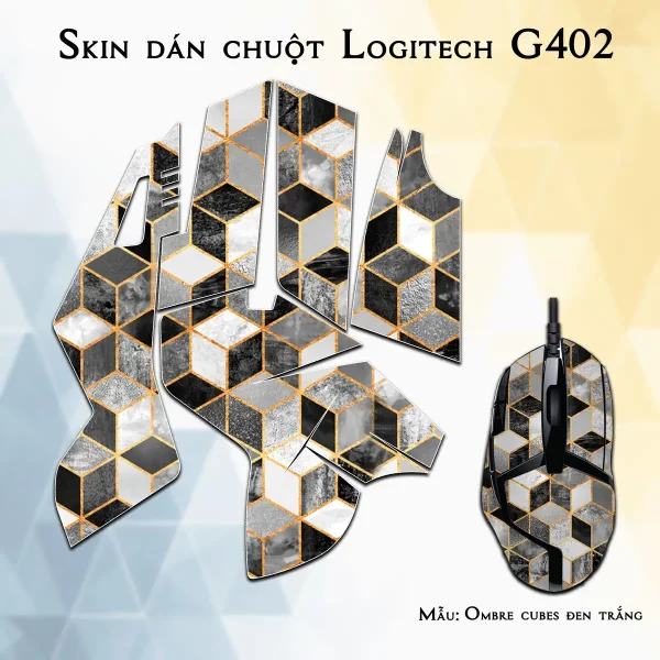 Skin dán chuột Logitech G402 mẫu Ombre cubes đen trắng