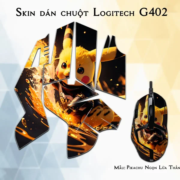 Skin dán chuột Logitech G402 mẫu Pikachu Ngọn Lửa Thần Tốc
