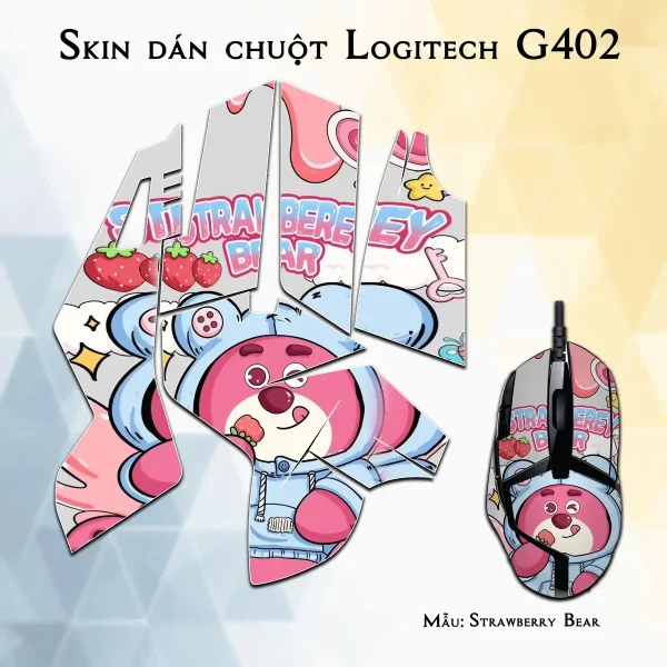 Skin dán chuột Logitech G402 mẫu Strawberry Bear