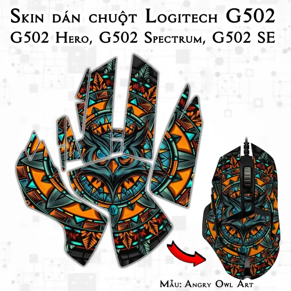 Skin dán chuột Logitech G502 mẫu Angry Owl Art