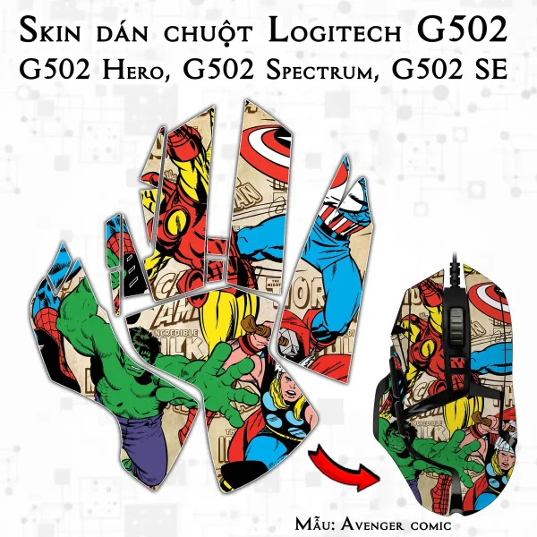 Skin dán chuột Logitech G502 mẫu Avenger comic