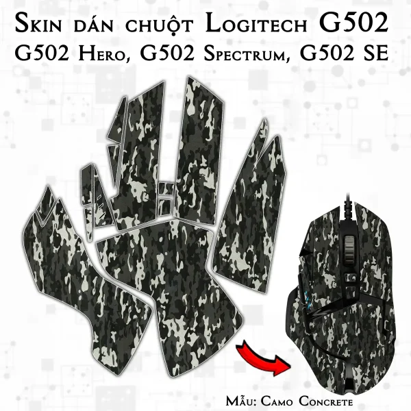 Skin dán chuột Logitech G502 mẫu Camo Concrete