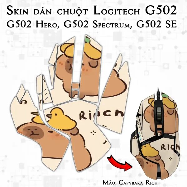 Skin dán chuột Logitech G502 mẫu Capybara Rich