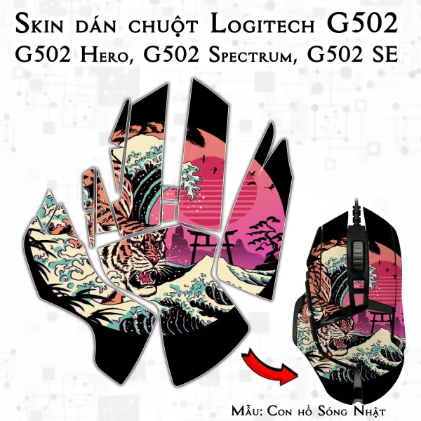Skin dán chuột Logitech G502 mẫu Con hổ Sóng Nhật