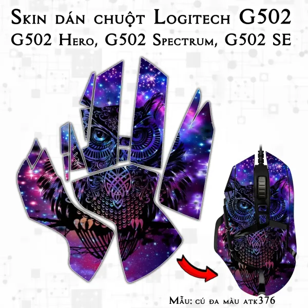 Skin dán chuột Logitech G502 mẫu cú đa màu atk376