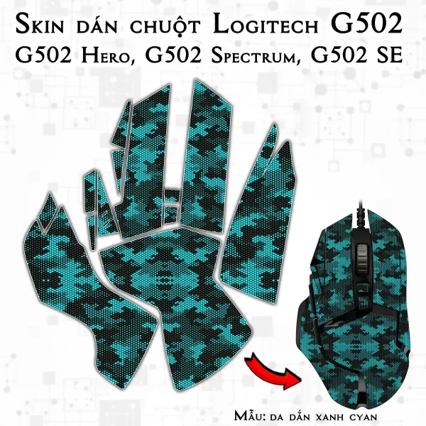 Skin dán chuột Logitech G502 mẫu da dắn xanh cyan