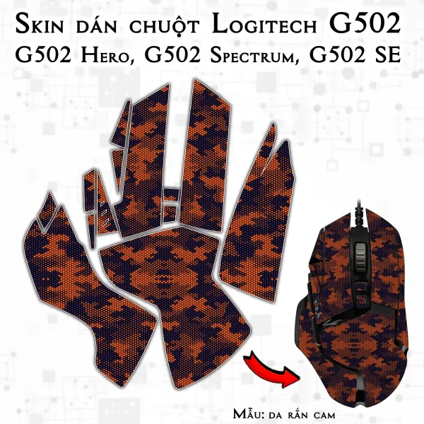 Skin dán chuột Logitech G502 mẫu da rắn cam