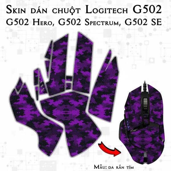 Skin dán chuột Logitech G502 mẫu da rắn tím