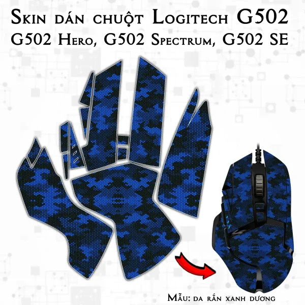 Skin dán chuột Logitech G502 mẫu da rắn xanh dương