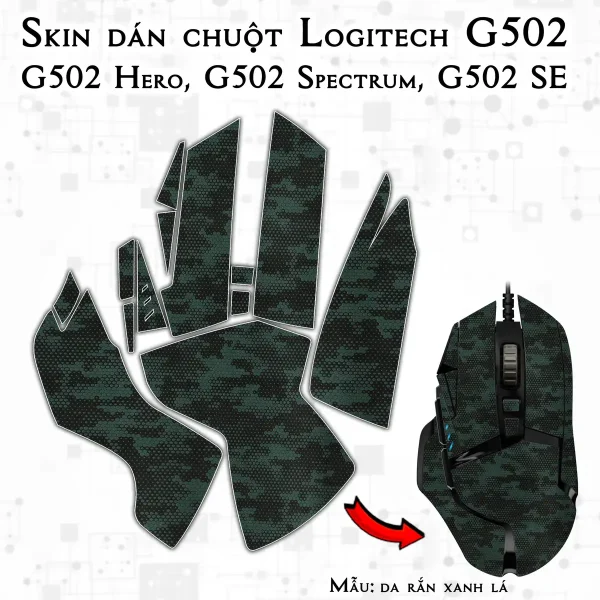 Skin dán chuột Logitech G502 mẫu da rắn xanh lá