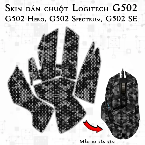 Skin dán chuột Logitech G502 mẫu da rắn xám