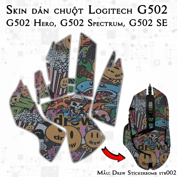 Skin dán chuột Logitech G502 mẫu Drew Stickerbomb stb002
