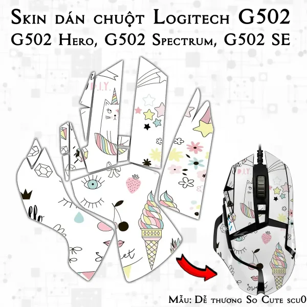 Skin dán chuột Logitech G502 mẫu Dễ thương So Cute scu017