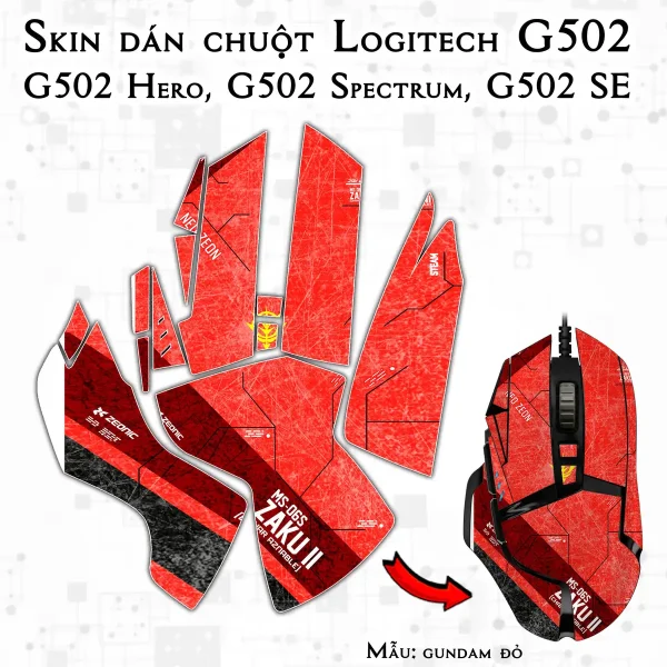 Skin dán chuột Logitech G502 mẫu gundam đỏ