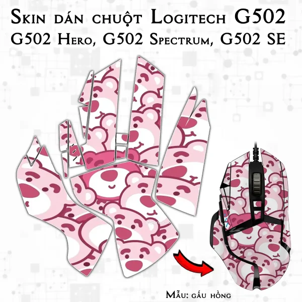Skin dán chuột Logitech G502 mẫu gấu hồng