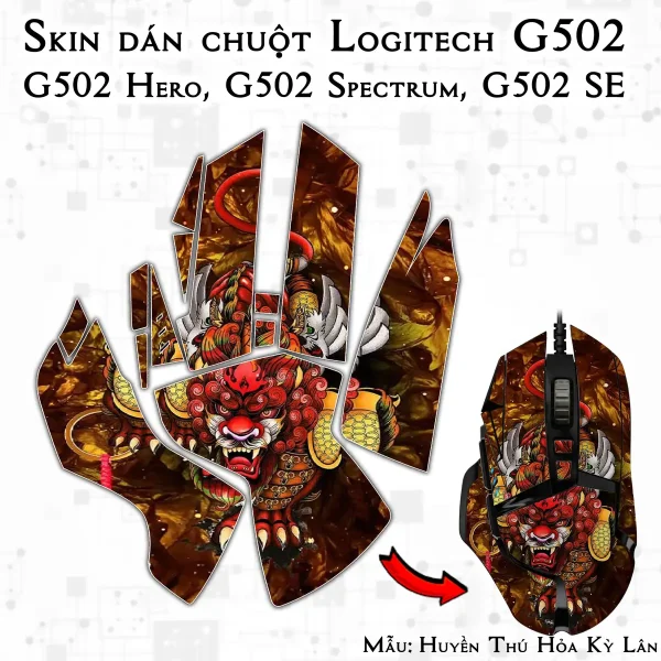 Skin dán chuột Logitech G502 mẫu Huyền Thú Hỏa Kỳ Lân