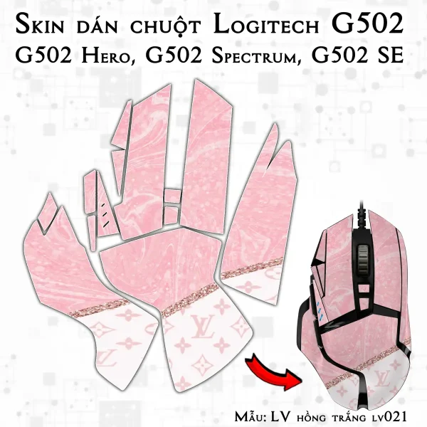 Skin dán chuột Logitech G502 mẫu LV hồng trắng lv021