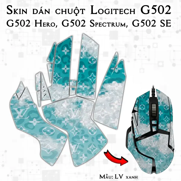 Skin dán chuột Logitech G502 mẫu LV xanh