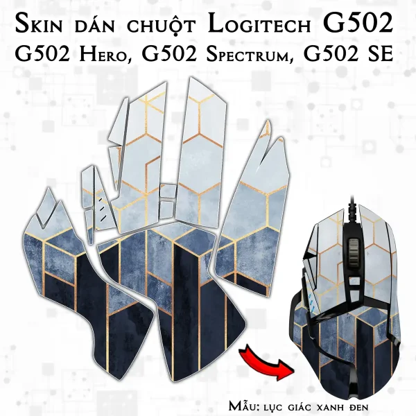 Skin dán chuột Logitech G502 mẫu lục giác xanh đen