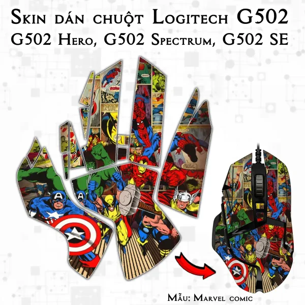 Skin dán chuột Logitech G502 mẫu Marvel comic