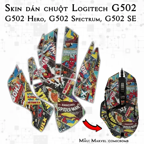 Skin dán chuột Logitech G502 mẫu Marvel comicbomb