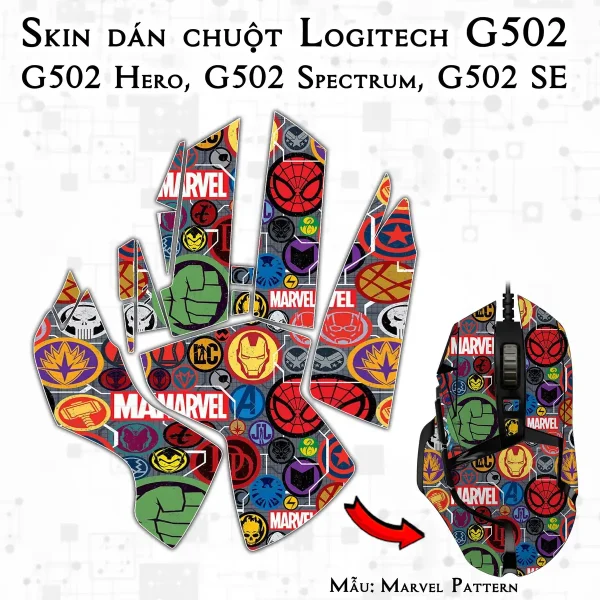 Skin dán chuột Logitech G502 mẫu Marvel Pattern