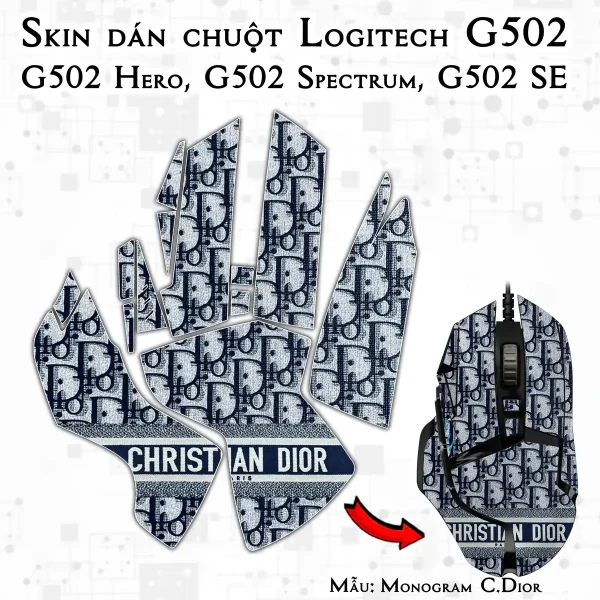 Skin dán chuột Logitech G502 mẫu Monogram Christian Dior