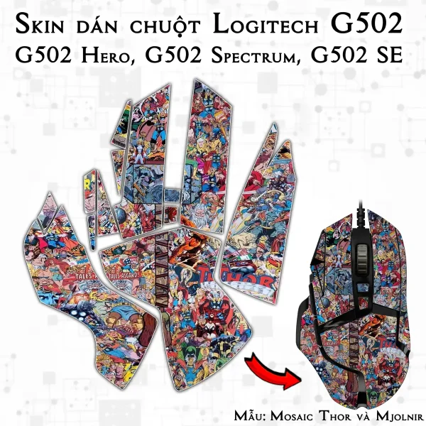 Skin dán chuột Logitech G502 mẫu Mosaic Thor và Mjolnir
