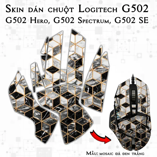 Skin dán chuột Logitech G502 mẫu mosaic đá đen trắng