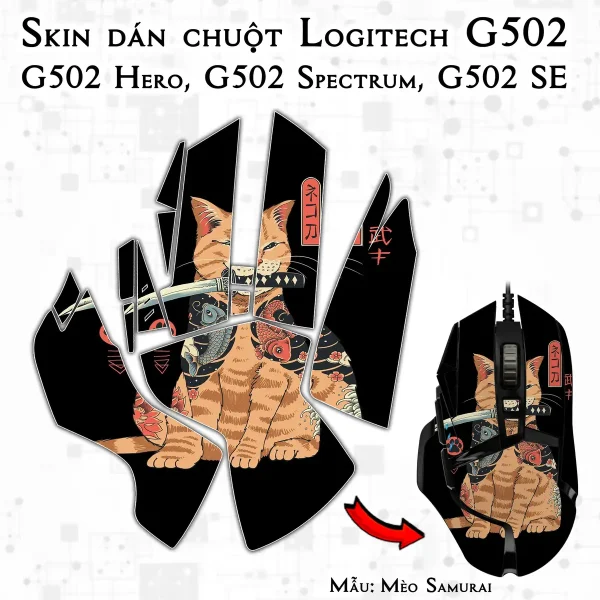 Skin dán chuột Logitech G502 mẫu Mèo Samurai