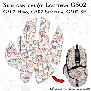 Skin dán chuột Logitech G502 mẫu mèo tím hồng xanh scu063