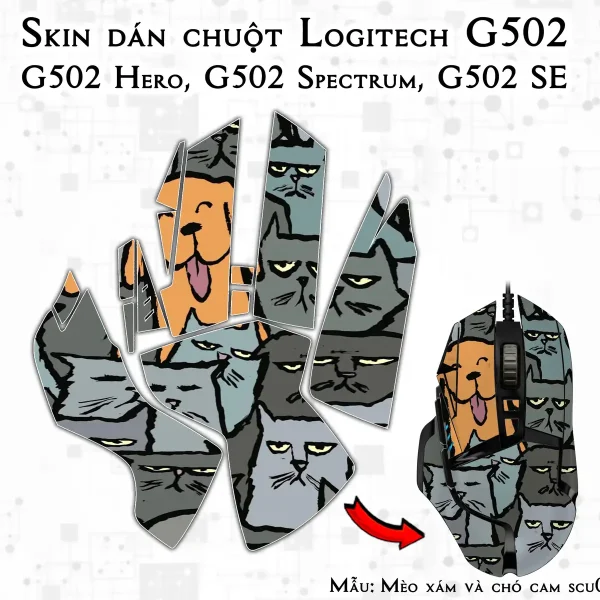 Skin dán chuột Logitech G502 mẫu Mèo xám và chó cam scu064
