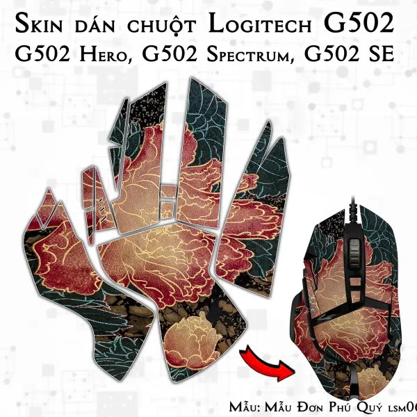 Skin dán chuột Logitech G502 mẫu Mẫu Đơn Phú Quý lsm065