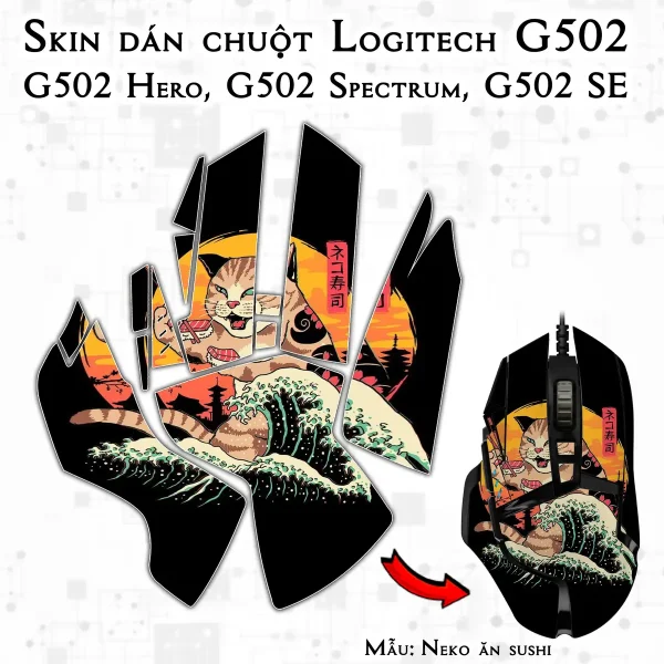 Skin dán chuột Logitech G502 mẫu Neko ăn sushi