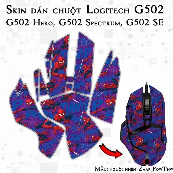 Skin dán chuột Logitech G502 mẫu người nhện Zaap PowThwip