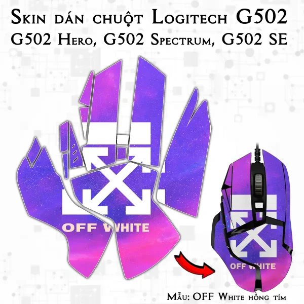 Skin dán chuột Logitech G502 mẫu OFF White hồng tím