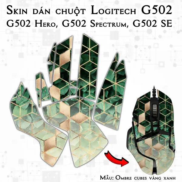 Skin dán chuột Logitech G502 mẫu Ombre cubes vàng xanh