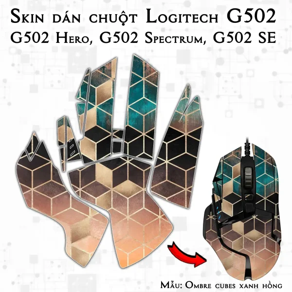 Skin dán chuột Logitech G502 mẫu Ombre cubes xanh hồng