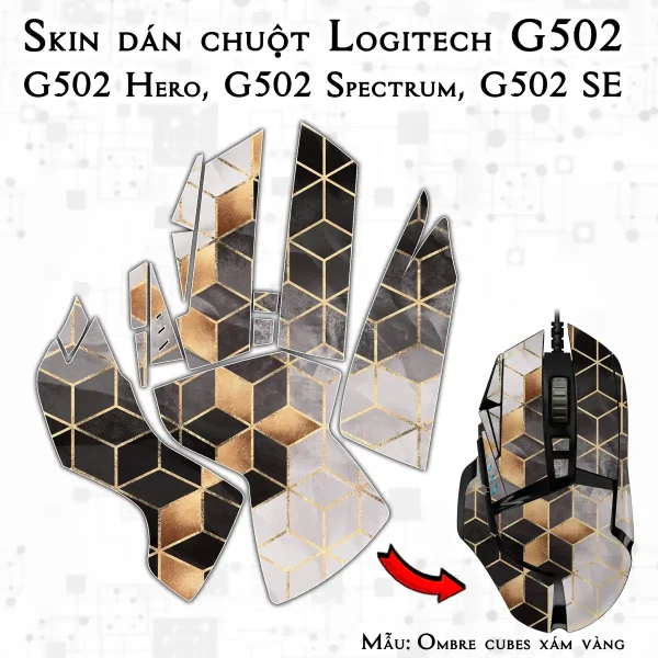 Skin dán chuột Logitech G502 mẫu Ombre cubes xám vàng