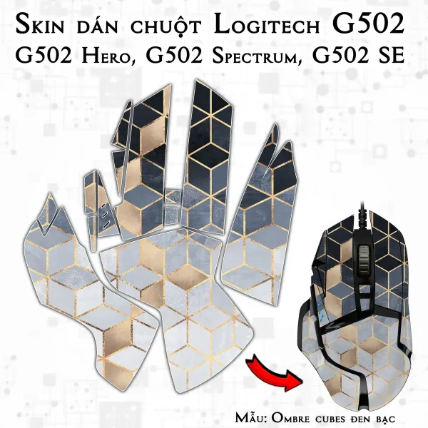 Skin dán chuột Logitech G502 mẫu Ombre cubes đen bạc