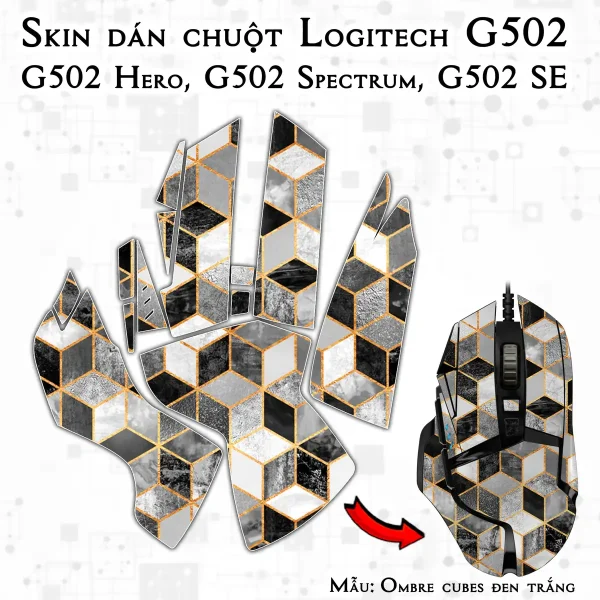 Skin dán chuột Logitech G502 mẫu Ombre cubes đen trắng