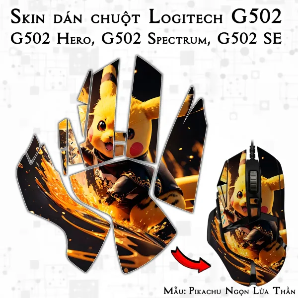 Skin dán chuột Logitech G502 mẫu Pikachu Ngọn Lửa Thần Tốc