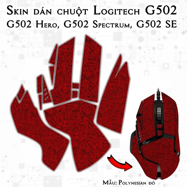 Skin dán chuột Logitech G502 mẫu Polynesian đỏ