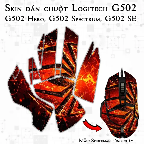 Skin dán chuột Logitech G502 mẫu Spiderman bùng cháy
