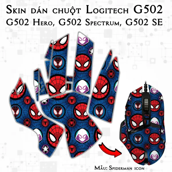 Skin dán chuột Logitech G502 mẫu Spiderman icon