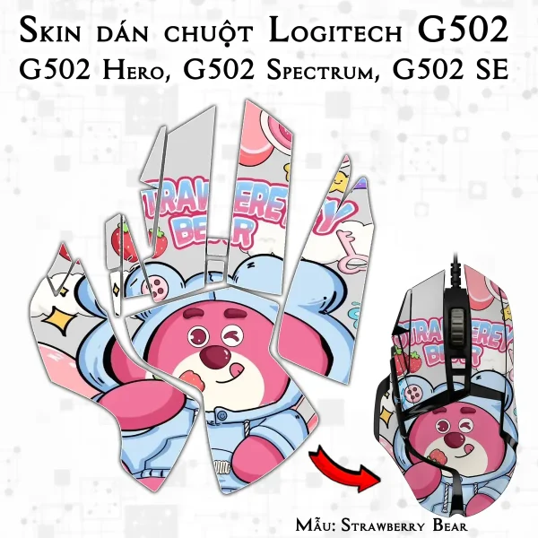 Skin dán chuột Logitech G502 mẫu Strawberry Bear