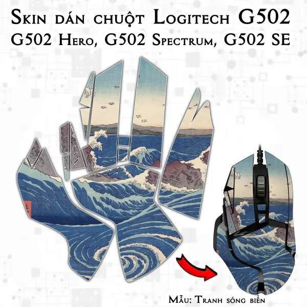 Skin dán chuột Logitech G502 mẫu Tranh sóng biển