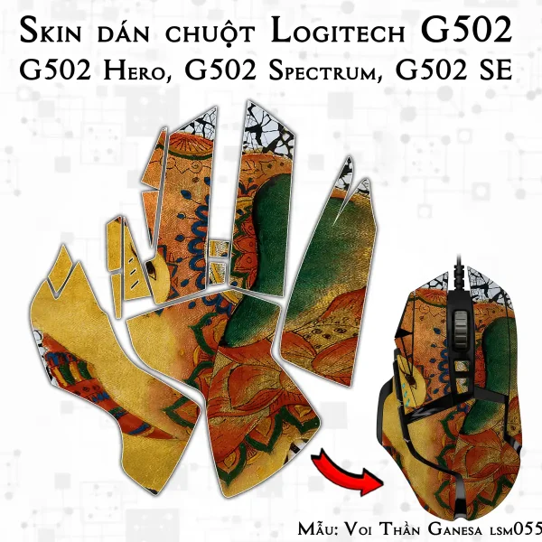 Skin dán chuột Logitech G502 mẫu Voi Thần Ganesa lsm055