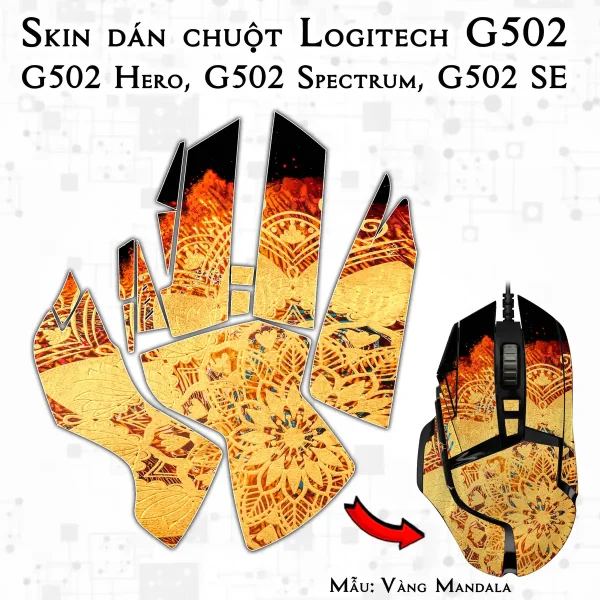 Skin dán chuột Logitech G502 mẫu Vàng Mandala